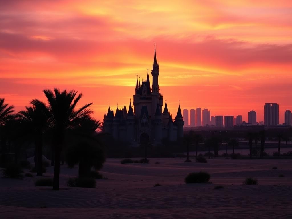 Flick International A dramatic sunset over Yas Island with a silhouette of the Disney castle and Emirati architecture