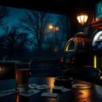 Flick International Dimly lit bar scene from the late 1970s with vintage decor and a half-empty beer glass