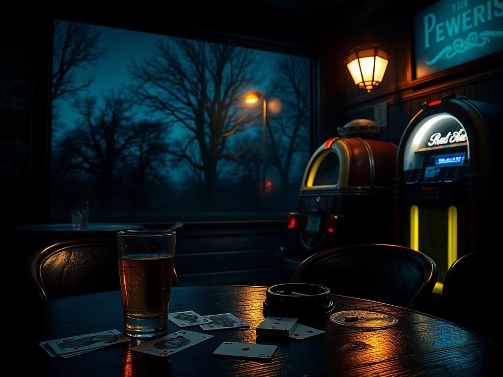 Flick International Dimly lit bar scene from the late 1970s with vintage decor and a half-empty beer glass