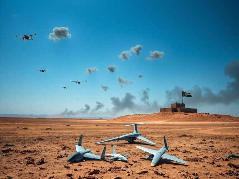 Flick International Aftermath of a drone conflict with scattered debris on parched earth