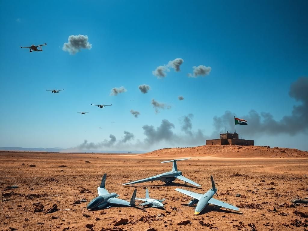 Flick International Aftermath of a drone conflict with scattered debris on parched earth