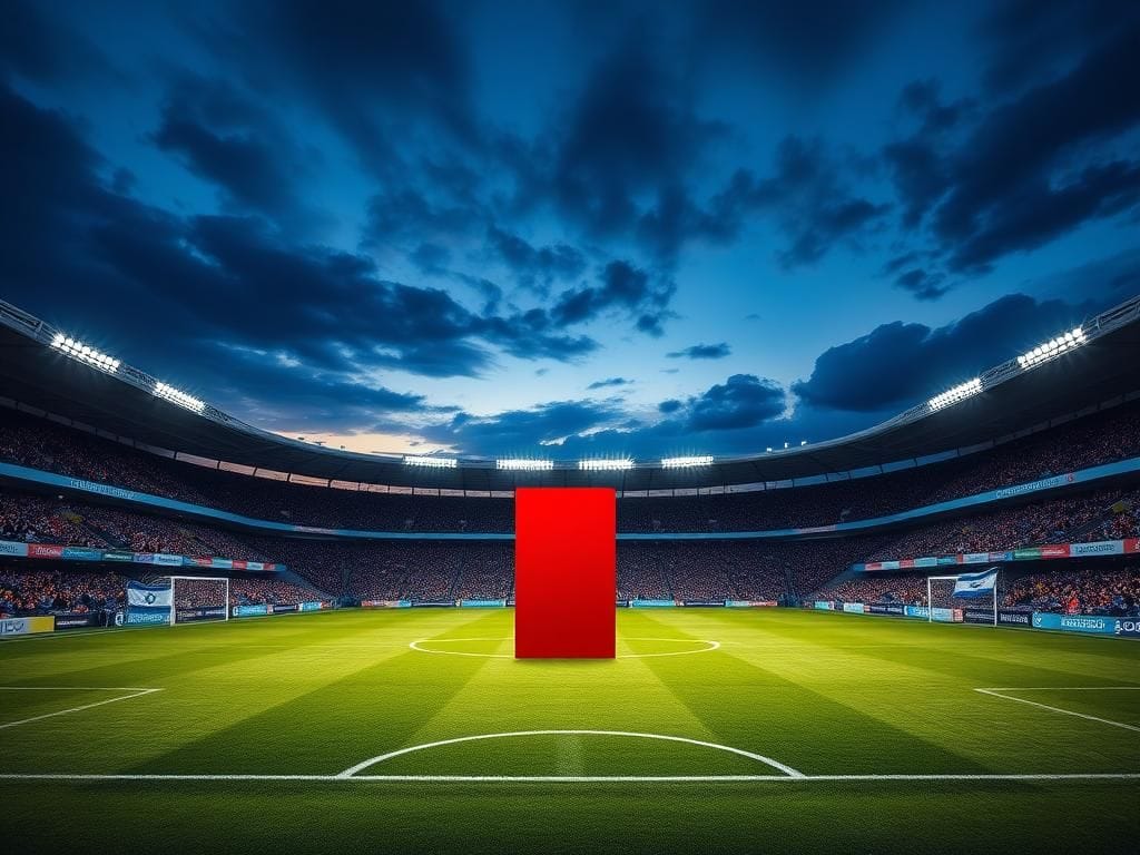 Flick International powerful soccer stadium scene with a large red card symbolizing the call against antisemitism