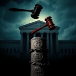 Flick International A gavel striking down in front of a grand but ominous courthouse symbolizing justice