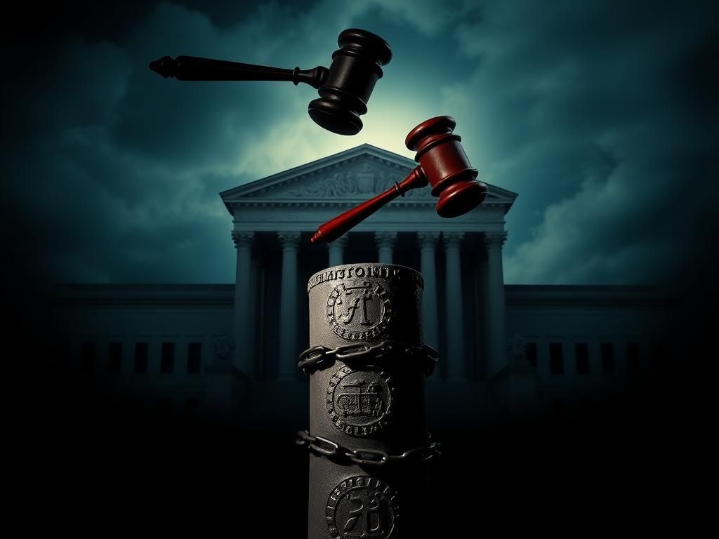 Flick International A gavel striking down in front of a grand but ominous courthouse symbolizing justice