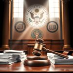 Flick International A federal courtroom with a gavel and stacks of legal documents