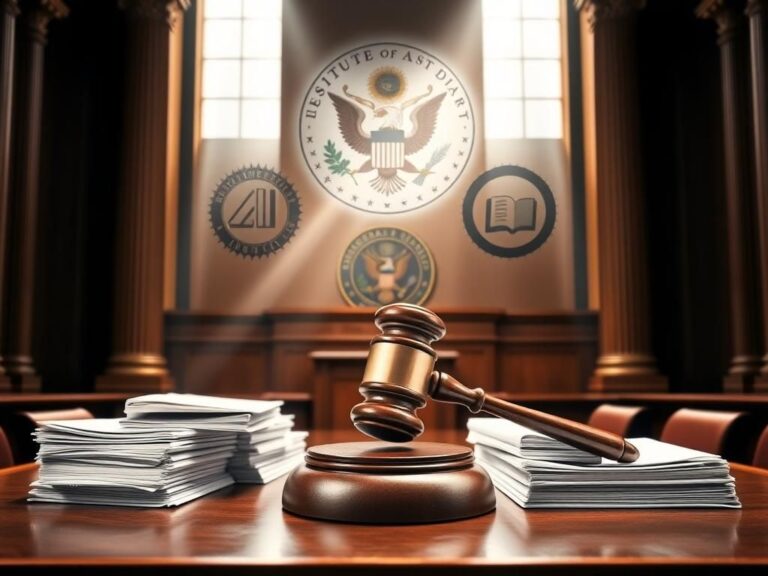 Flick International A federal courtroom with a gavel and stacks of legal documents