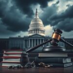 Flick International Dramatic courtroom scene featuring a gavel and law books symbolizing judicial power