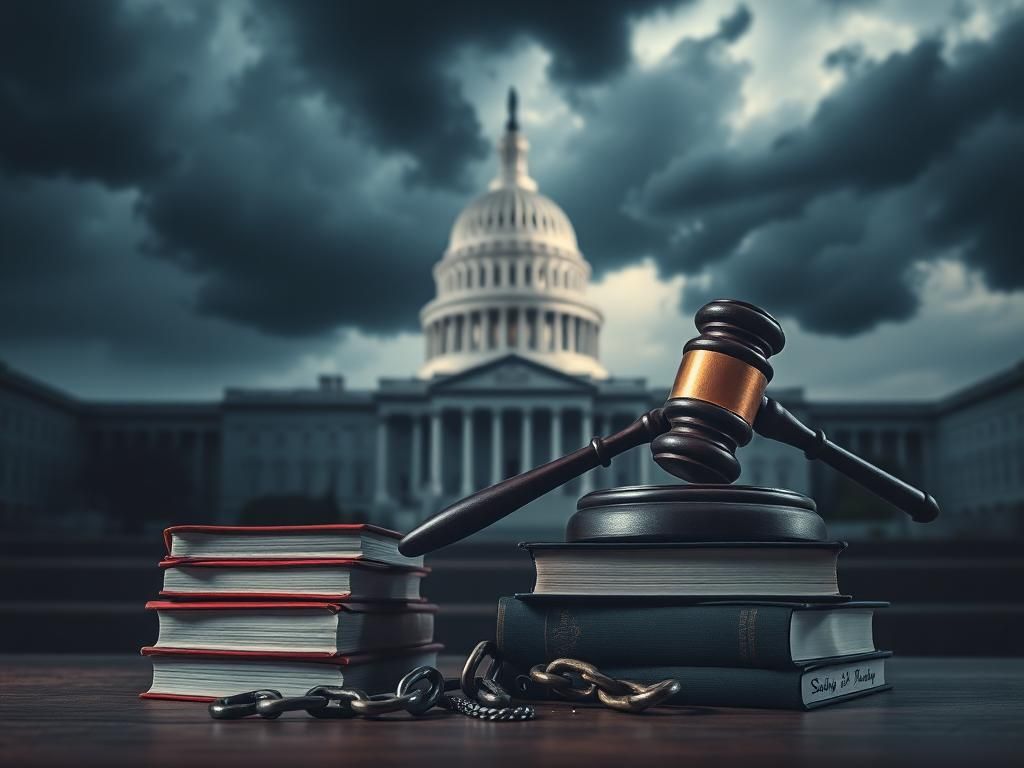 Flick International Dramatic courtroom scene featuring a gavel and law books symbolizing judicial power