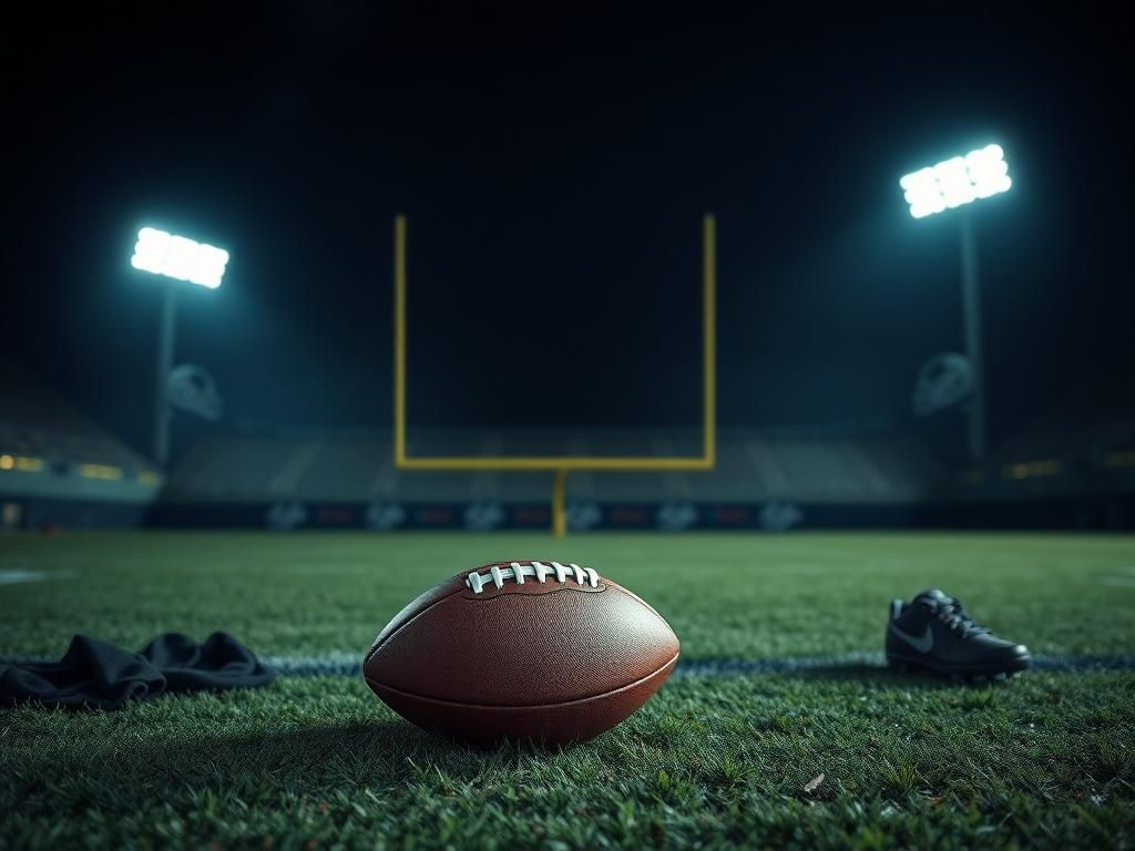 Flick International A dramatic football field scene at night with a lone football on the grass