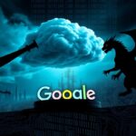 Flick International A dramatic depiction of a dark cloud shaped like a gavel over a digital landscape with a fragmented Google logo.