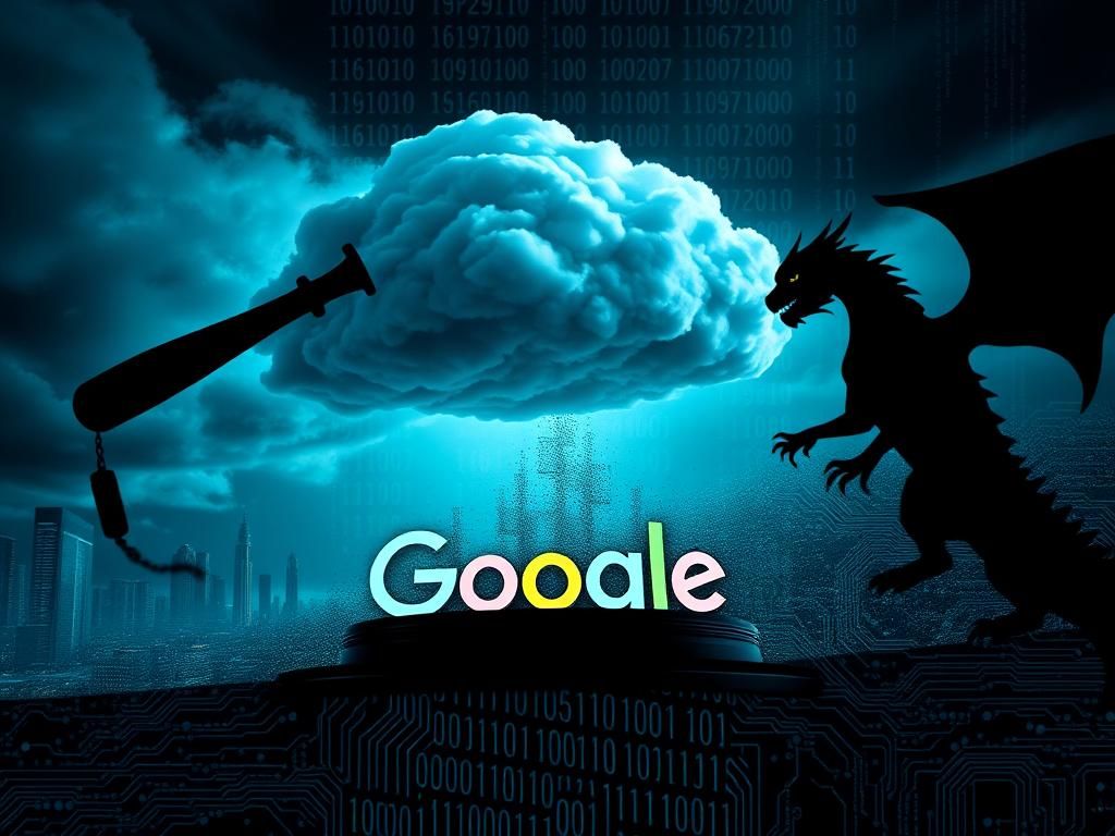 Flick International A dramatic depiction of a dark cloud shaped like a gavel over a digital landscape with a fragmented Google logo.
