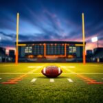 Flick International Dynamic football field at twilight with goalpost and NFL stadium in the background