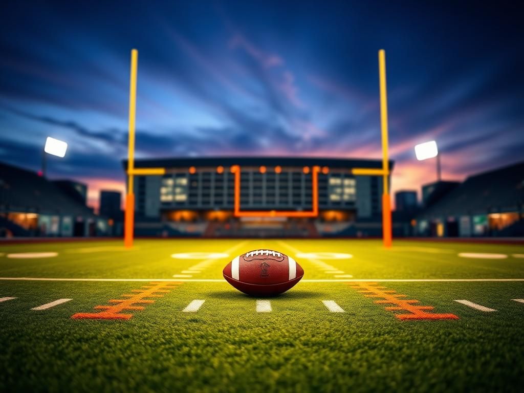 Flick International Dynamic football field at twilight with goalpost and NFL stadium in the background