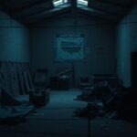 Flick International Dimly lit abandoned warehouse scene depicting human smuggling activities in Texas