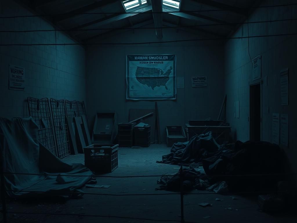 Flick International Dimly lit abandoned warehouse scene depicting human smuggling activities in Texas