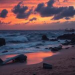 Flick International A dramatic coastal landscape of the Red Sea at twilight featuring military drone wreckage in shallow water