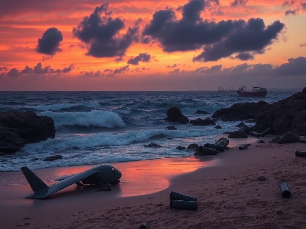 Flick International A dramatic coastal landscape of the Red Sea at twilight featuring military drone wreckage in shallow water
