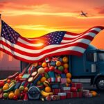 Flick International A stylized American flag rippling in the wind with trade goods in the foreground