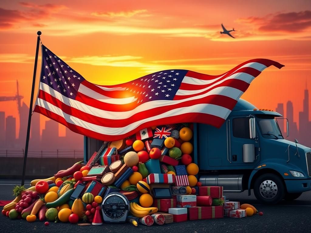 Flick International A stylized American flag rippling in the wind with trade goods in the foreground