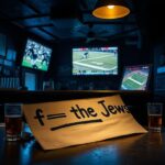 Flick International A dimly lit sports bar scene with a discarded antisemitic sign on the ground amidst beer glasses and napkins