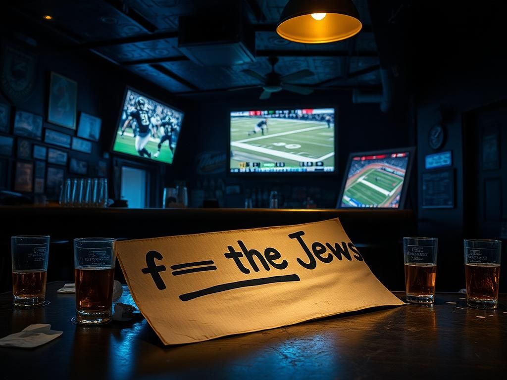 Flick International A dimly lit sports bar scene with a discarded antisemitic sign on the ground amidst beer glasses and napkins