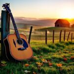 Flick International Vintage acoustic guitar against a wooden fence in a serene country landscape at dawn