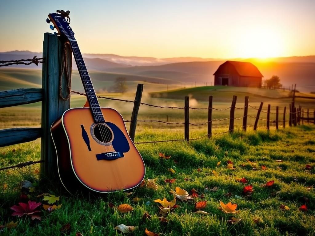 Flick International Vintage acoustic guitar against a wooden fence in a serene country landscape at dawn