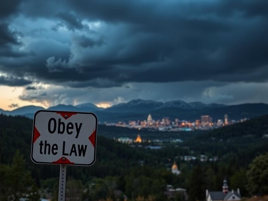 Flick International Dramatic landscape of Colorado featuring a weathered road sign that reads 'Obey the Law' against the backdrop of the Rocky Mountains and Denver's skyline.