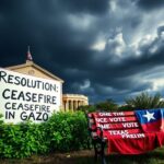 Flick International A government building in San Marcos, Texas, with a dramatic sky and a ceasefire resolution sign
