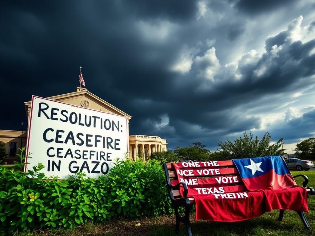 Flick International A government building in San Marcos, Texas, with a dramatic sky and a ceasefire resolution sign