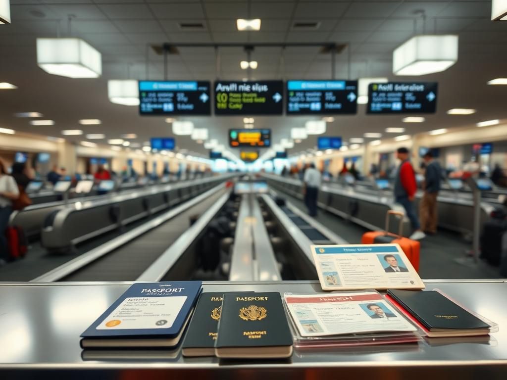 Flick International A bustling airport security checkpoint scene with organized lines and identification displays.