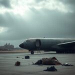 Flick International Desolate airport tarmac in Libya with idle military cargo plane and scattered personal belongings