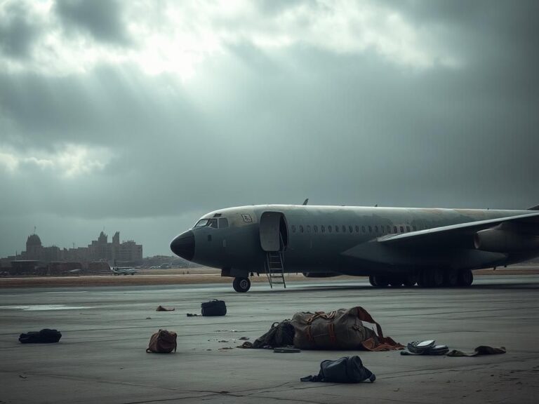 Flick International Desolate airport tarmac in Libya with idle military cargo plane and scattered personal belongings