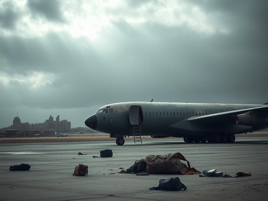 Flick International Desolate airport tarmac in Libya with idle military cargo plane and scattered personal belongings