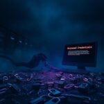 Flick International A dark digital landscape with fragmented binary codes and password icons representing cybersecurity risks