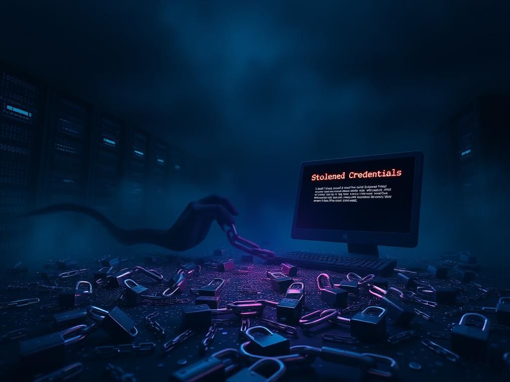 Flick International A dark digital landscape with fragmented binary codes and password icons representing cybersecurity risks