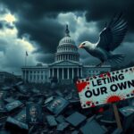 Flick International Stylized representation of a crumbling political landscape with a weathered Capitol building under dark storm clouds