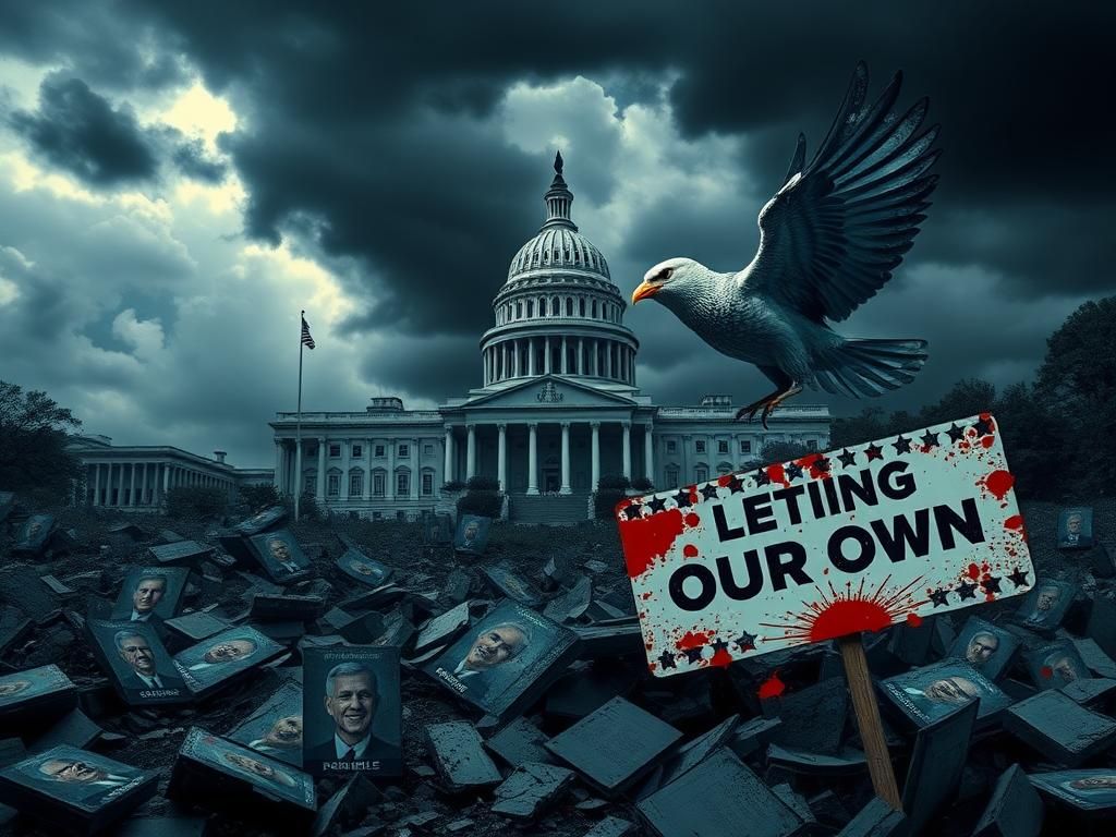 Flick International Stylized representation of a crumbling political landscape with a weathered Capitol building under dark storm clouds