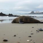 Flick International Injured elephant seal pup on Oregon beach with visible wounds
