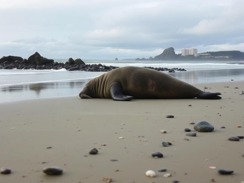 Flick International Injured elephant seal pup on Oregon beach with visible wounds