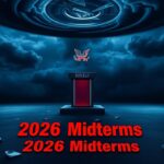 Flick International Dimly lit empty political debate stage with Democratic Party logo under dark storm clouds
