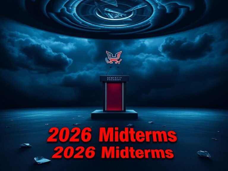 Flick International Dimly lit empty political debate stage with Democratic Party logo under dark storm clouds
