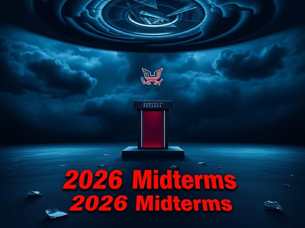 Flick International Dimly lit empty political debate stage with Democratic Party logo under dark storm clouds
