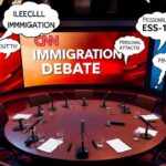 Flick International High-angle view of a modern television studio with an empty round table, reflecting a chaotic immigration debate