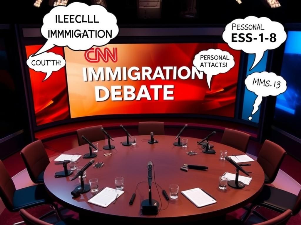 Flick International High-angle view of a modern television studio with an empty round table, reflecting a chaotic immigration debate