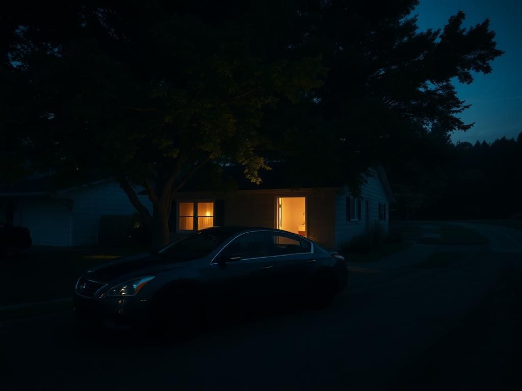 Flick International Dark suburban neighborhood with a black Nissan Altima parked outside a single-family home at twilight