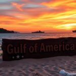 Flick International Panoramic view of the Gulf of America at sunset with a rustic sign