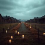 Flick International Remnants of Auschwitz concentration camp with memorial candles