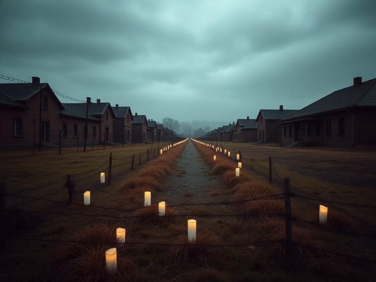 Flick International Remnants of Auschwitz concentration camp with memorial candles