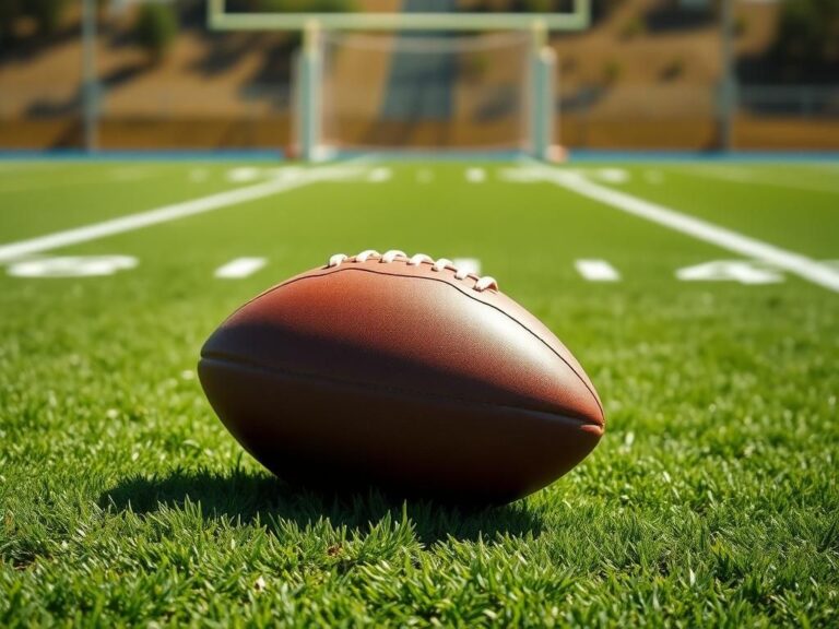 Flick International Close-up of a brown leather football on a vibrant green football field